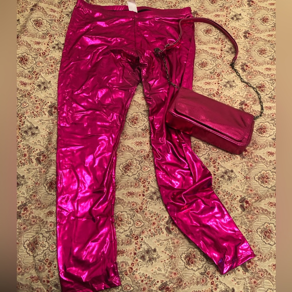 Hot pink foil purse and stretch foil legging pant